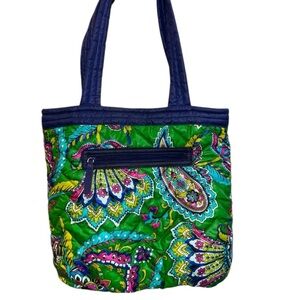 Vera Bradley Large Pleated Tote Shoulder Bag – Trimmed Emerald Green Paisley